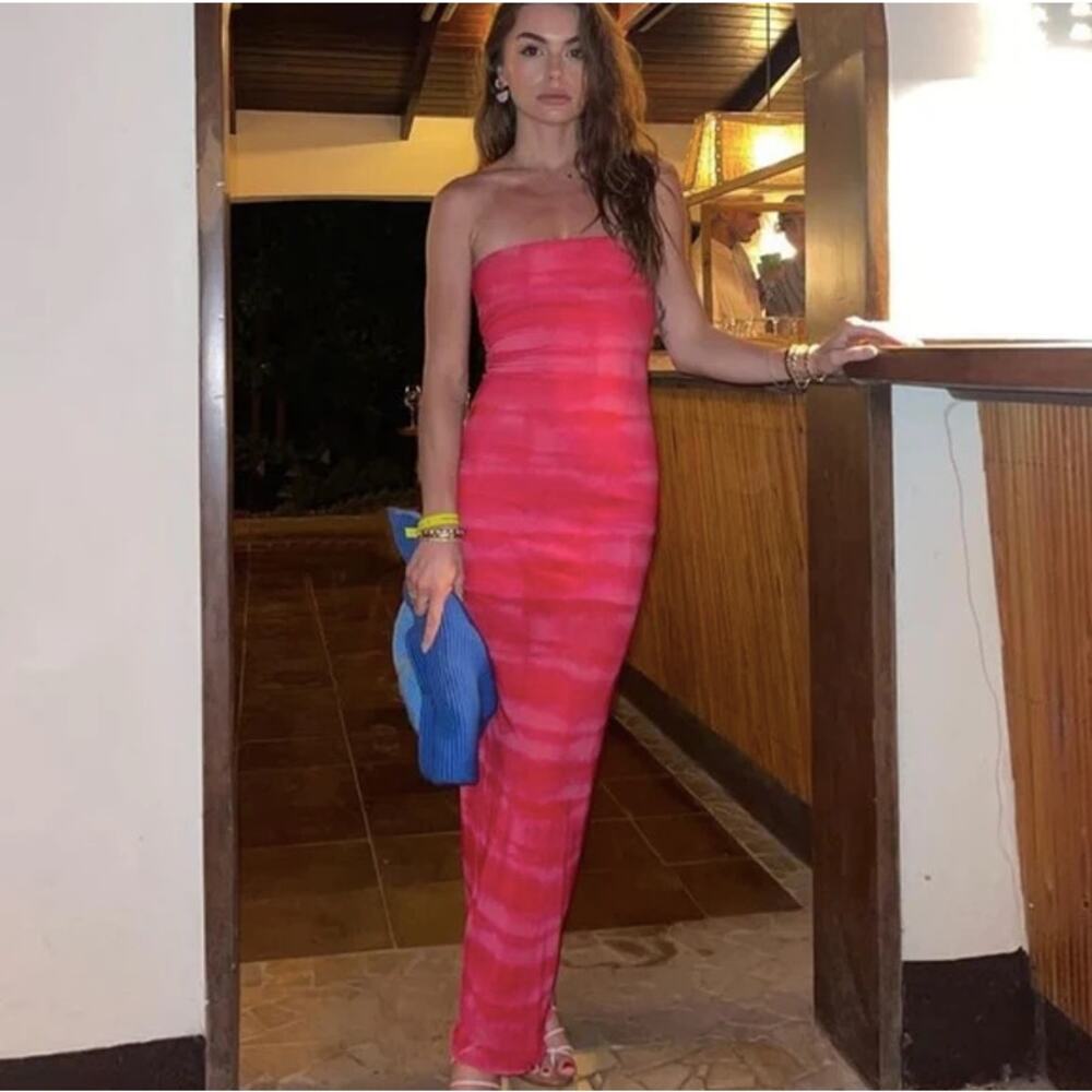 H:ours Rios Striped Neon Strapless Maxi Dress Strawberry Tie Dye-M